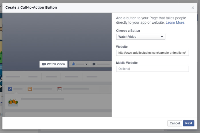 Facebook Call to Action: Select Watch Video and add URL